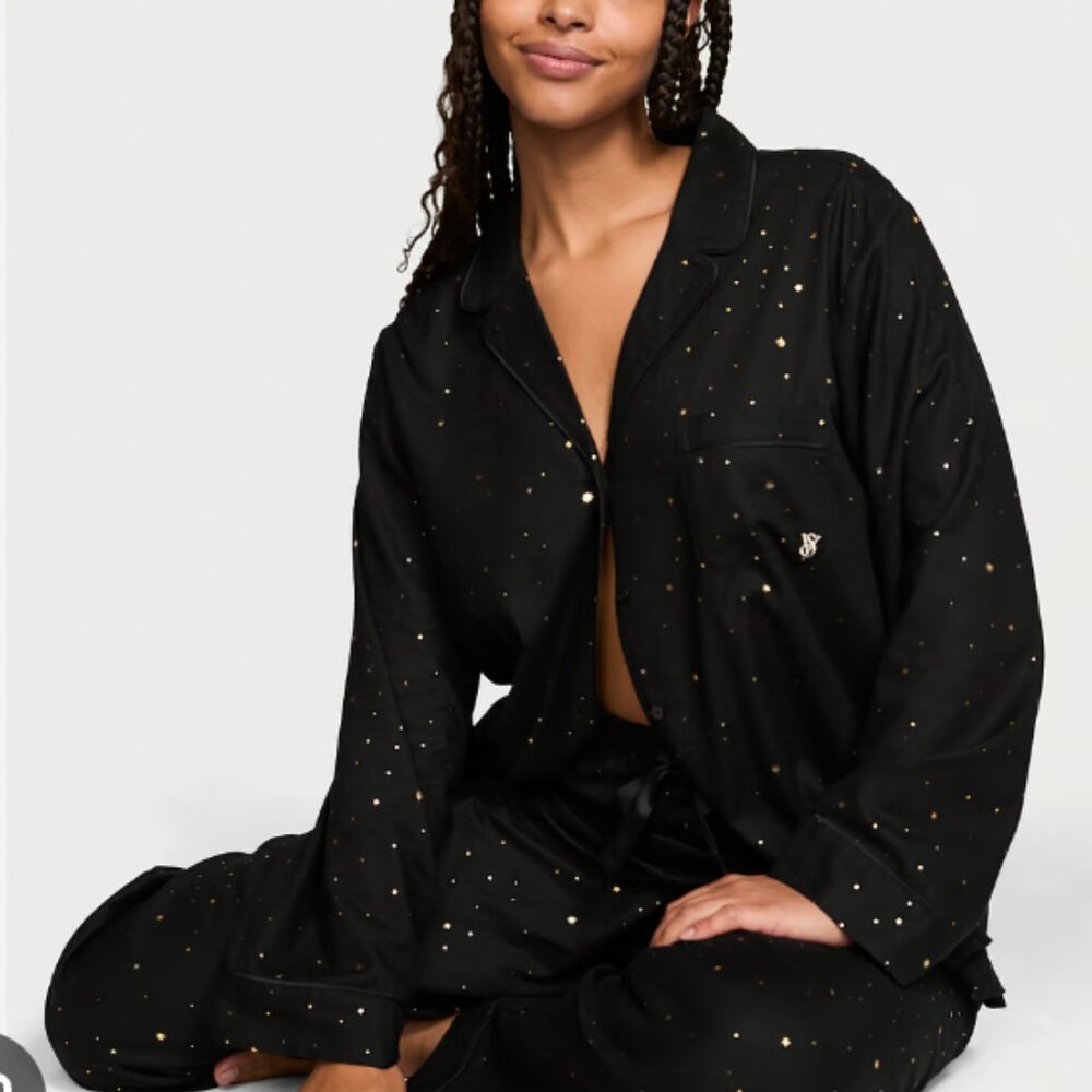 Victoria's Secret Flannel Long Pajama Set Black Celestial Gold NWT Cotton Modal